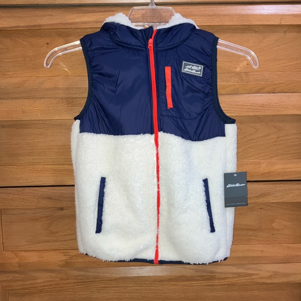 Eddie Bauer-NWT-Boy’s Faux Shearling Zip Up & Hooded Vest-Size (M 10-12)